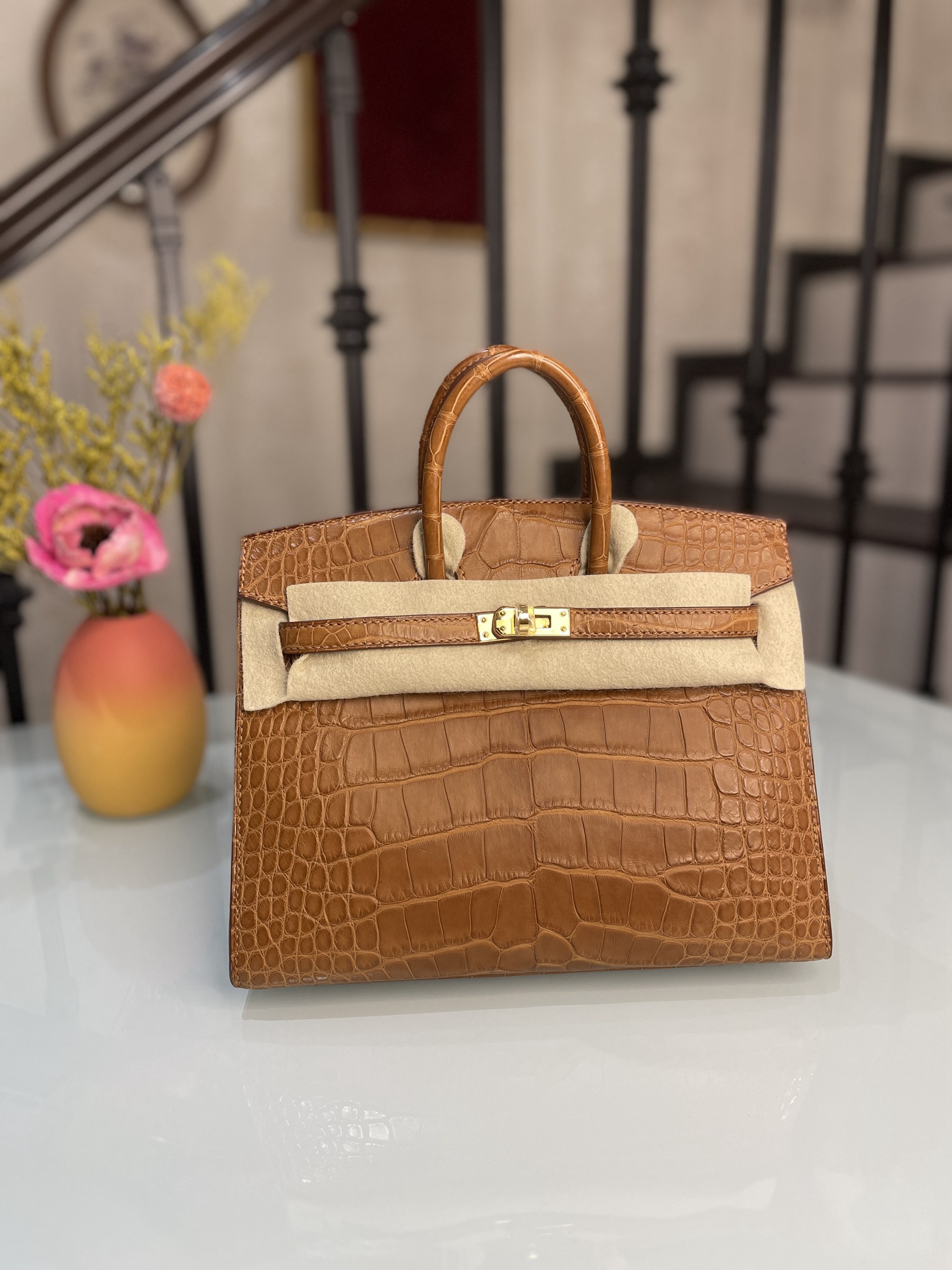 BIRKIN 20 CC37-金棕金扣霧面鱷魚方塊皮