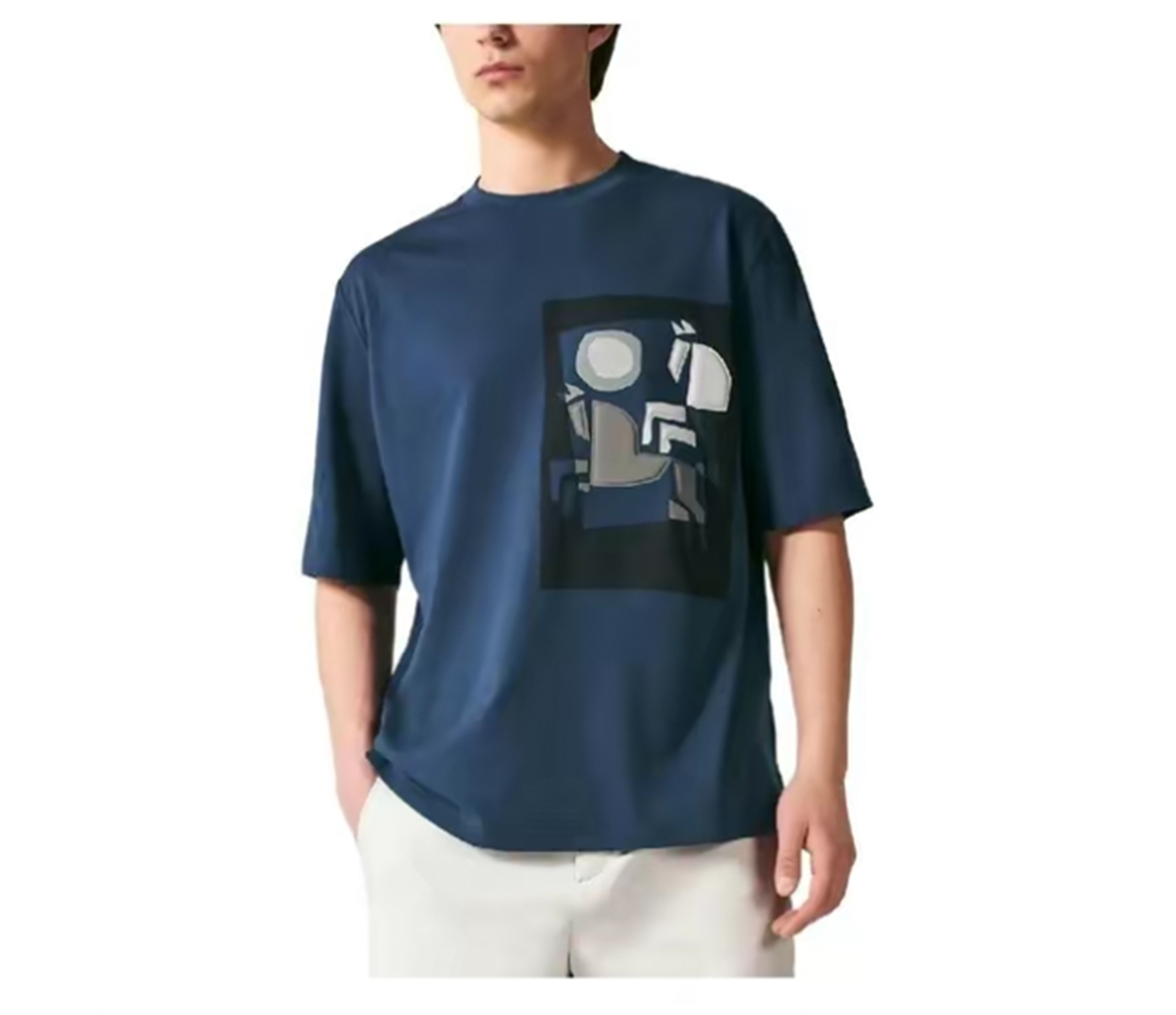 HERMES爱马仕 SS23 图案印花圆领套头短袖T恤男款 靛蓝色 M码