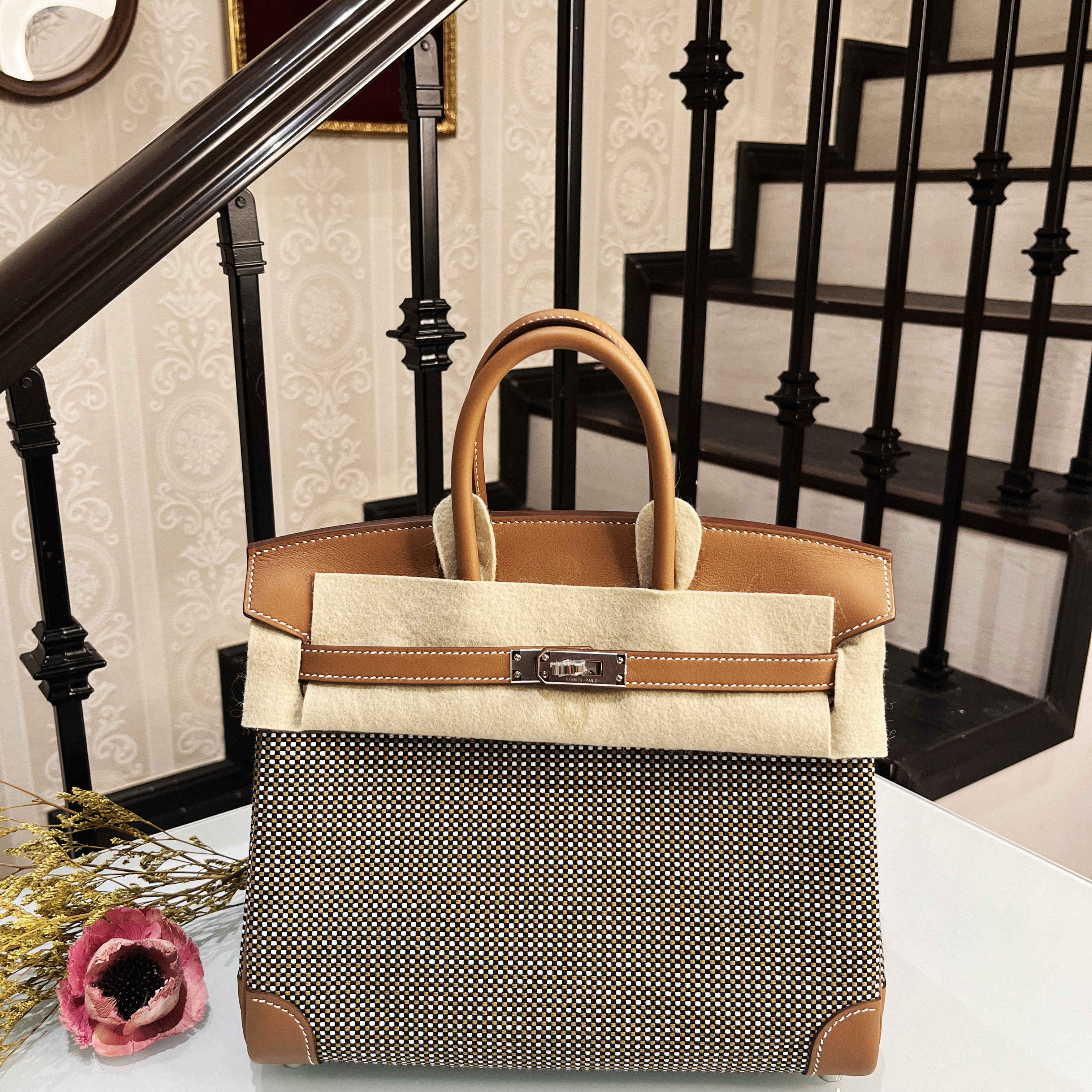 Birkin 25 Toile 37 gold金棕拼帆布 華夫格 银扣